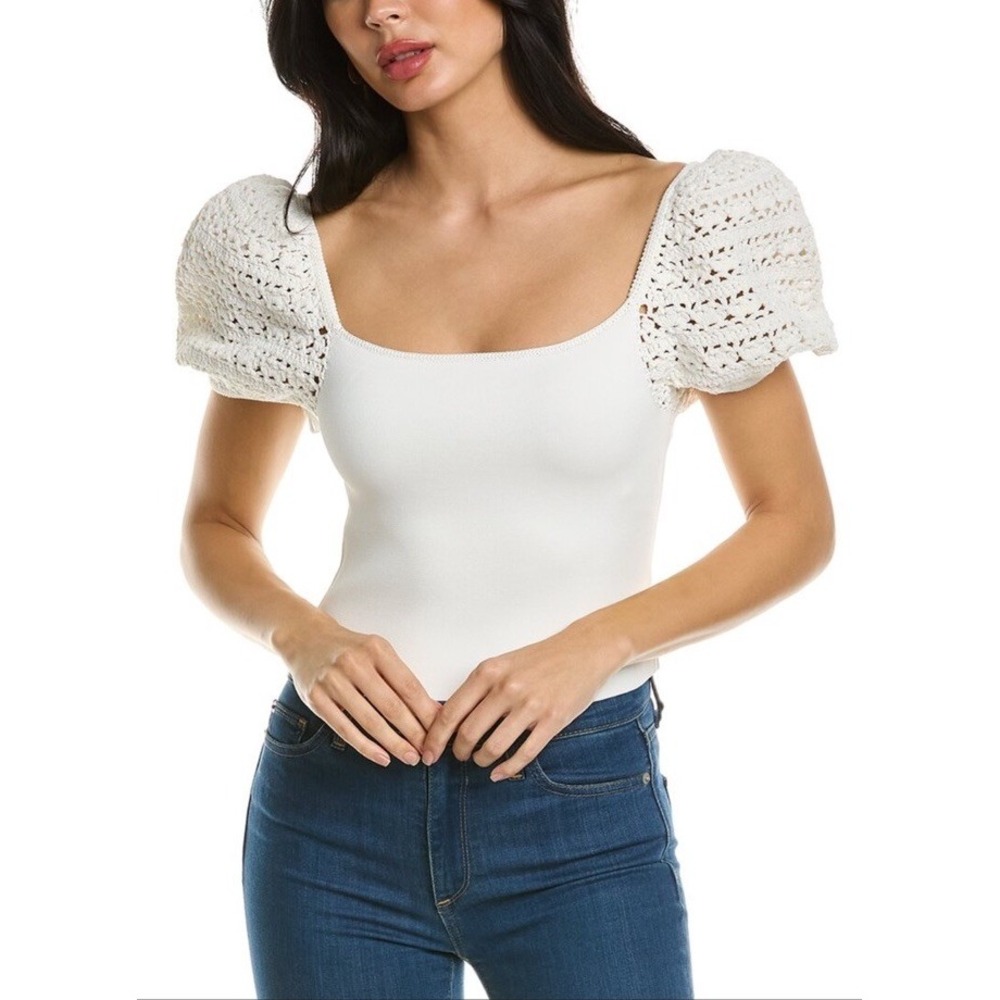 Alice + Olivia Women's White Crochet Puff Sleeve Square Neck Crop Top XL $440 - Picture 3 of 12